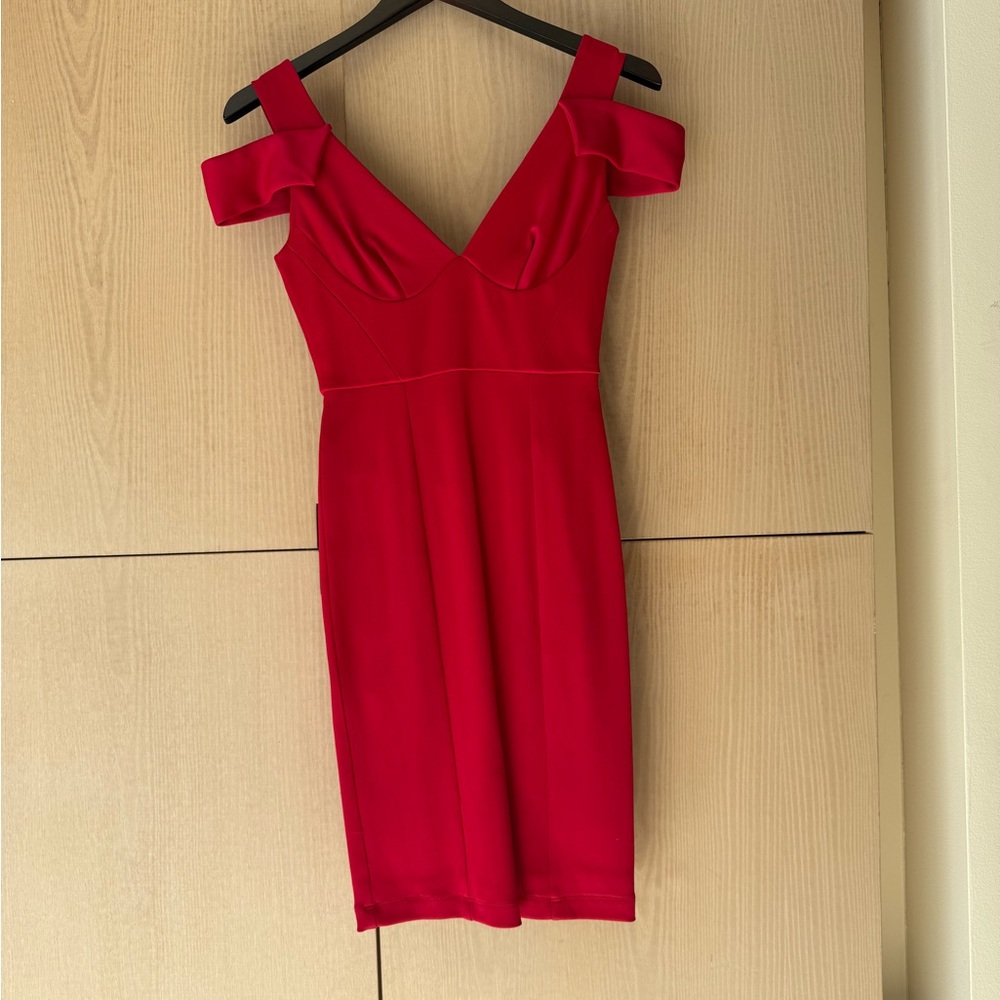 ABS Allen Schwartz Red Off-Shoulder V-Neck Mini Dress